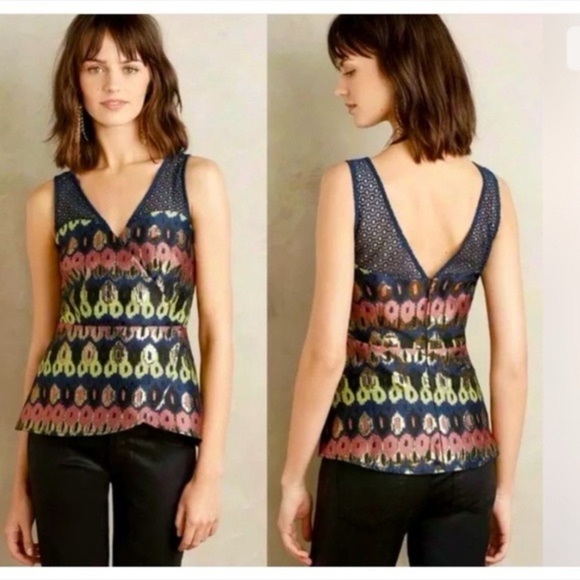 Anthropologie HD Paris womens blouse 12 large Yana Jacquard Peplum Blue Metallic - Picture 1 of 13